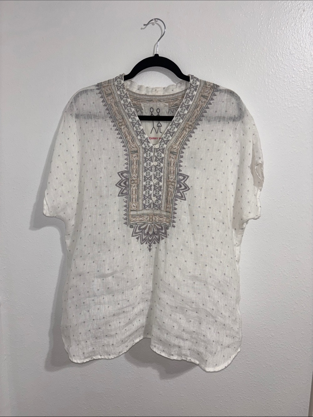 Johnny Was White Embroidered Boho Tunic with Gray and Beige Accents